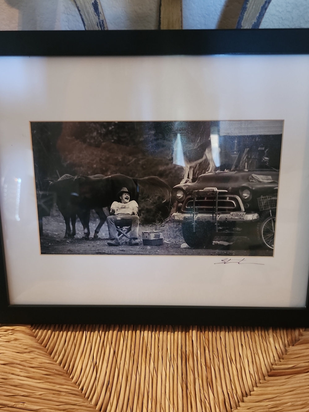 Framed black white photograph print, vintage 1950s Chevrolet truck scene 15 X13